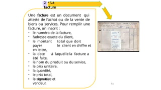 Une facture est un document qui
atteste de l'achat ou de la vente de
biens ou services. Pour remplir une
facture, on inscrit :
- le numéro de la facture,
- l’adresse exacte du client,
- le montant total que doit
payer le client en chiffre et
en lettre,
- la date à laquelle la facture a
été faite,
- le nom du produit ou du service,
- le prix unitaire,
- la quantité,
- le prix total,
- la signature et
2 • La
facture
- le nom du
vendeur. 14
 