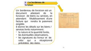Un bordereau de livraison est un
document attestant de la
livraison de biens ou services, en
attendant l'établissement d'une
facture qui rendra le paiement
exigible.
Il donne les détails sur les biens /
services livrés notamment:
- la nature et la quantité livrée,
- les éventuelles observations,
- les signatures du livreur et de
celui qui a réceptionné
précédées des dates.
5 • Le bordereau de
livraison
18
 