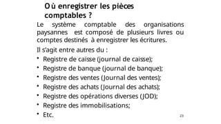 O ù enregistrer les pièces
comptables ?
Le système comptable des organisations
paysannes est composé de plusieurs livres ou
comptes destinés à enregistrer les écritures.
Il s’agit entre autres du :
• Registre de caisse (journal de caisse);
• Registre de banque (journal de banque);
• Registre des ventes (Journal des ventes);
• Registre des achats (Journal des achats);
• Registre des opérations diverses (JOD);
• Registre des immobilisations;
23
• Etc.
 