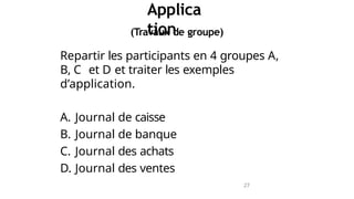27
Applica
tion
(Travaux de groupe)
Repartir les participants en 4 groupes A,
B, C et D et traiter les exemples
d’application.
A. Journal de caisse
B. Journal de banque
C. Journal des achats
D. Journal des ventes
 