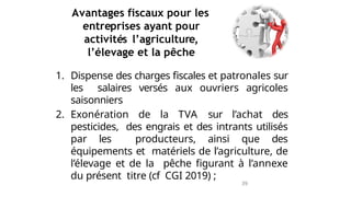 Avantages fiscaux pour les
entreprises ayant pour
activités l’agriculture,
l’élevage et la pêche
39
1. Dispense des charges fiscales et patronales sur
les salaires versés aux ouvriers agricoles
saisonniers
2. Exonération de la TVA sur l’achat des
pesticides, des engrais et des intrants utilisés
par les producteurs, ainsi que des
équipements et matériels de l’agriculture, de
l’élevage et de la pêche figurant à l’annexe
du présent titre (cf CGI 2019) ;
 