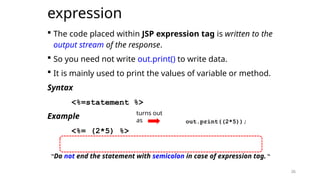 26
expression
 The code placed within JSP expression tag is written to the
output stream of the response.
 So you need not write out.print() to write data.
 It is mainly used to print the values of variable or method.
Syntax
<%=statement %>
Example
<%= (2*5) %>
“Do not end the statement with semicolon in case of expression tag.“
26
turns out
as out.print((2*5));
 