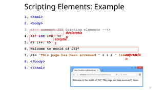 31
Scripting Elements: Example
1. <html>
2. <body>
3. <%-- comment:JSP Scipting elements --%>
4. <%! int i=0; %>
5. <% i++; %>
6. Welcome to world of JSP!
7. <%= "This page has been accessed " + i + " times" %>
8. </body>
9. </html>
31
declaratio
n
scriptle
t
expressio
n
 