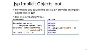 45
Jsp Implicit Objects: out
45
 For writing any data to the buffer, JSP provides an implicit
object named out.
 It is an object of JspWriter.
PrintWriter out=
response.getWriter();
response.setContentType
(“text/html”);
out.print(“DIET”);
<html>
<body>
<% out.print(“DIET”); %>
</body>
</html>
Servlet Code JSP Code
 