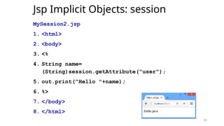 55
Jsp Implicit Objects: session
MySession2.jsp
1. <html>
2. <body>
3. <%
4. String name=
(String)session.getAttribute("user");
5. out.print("Hello "+name);
6. %>
7. </body>
8. </html>
55
 
