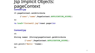 57
Jsp Implicit Objects:
pageContext
Context1.jsp
<% pageContext.setAttribute
("user","name",PageContext.APPLICATION_SCOPE);
%>
<a href="Context2.jsp">next page</a>
Context2.jsp
<%
String name= (String)pageContext.getAttribute
("user",PageContext.APPLICATION_SCOPE);
out.print("Hello "+name);
%>
57
 