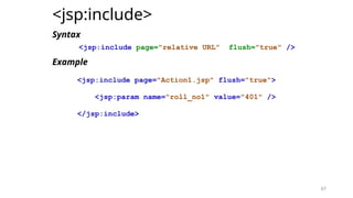 67
<jsp:include>
Syntax
<jsp:include page="relative URL" flush="true" />
Example
<jsp:include page="Action1.jsp" flush="true">
<jsp:param name="roll_no1" value="401" />
</jsp:include>
67
 