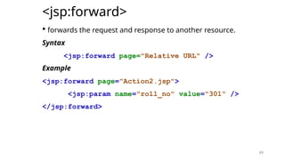 69
<jsp:forward>
 forwards the request and response to another resource.
Syntax
<jsp:forward page="Relative URL" />
Example
<jsp:forward page="Action2.jsp">
<jsp:param name="roll_no" value="301" />
</jsp:forward>
69
 