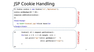 86
JSP Cookie Handling
<% Cookie cookie = new Cookie("c1","MyCookie1");
cookie.setMaxAge(60 * 60);
response.addCookie(cookie);
%>
<html><body>
<a href="Cookie2.jsp">Click here</a>
</body></html>
<% Cookie[] c2 = request.getCookies();
for(int i = 0; i < c2.length; i++) {
out.print("<p>"+c2[i].getName()+" "+
c2[i].getValue()+"</p>");
}
%>
86
Cookie1.jsp
Cookie2.jsp
 