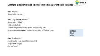Example 1: super is used to refer immediate parent class instance variable.
class Animal{
String color="white";
}
class Dog extends Animal{
String color="black";
void printColor(){
System.out.println(color);//prints color of Dog class
System.out.println(super.color);//prints color of Animal class
}
}
class TestSuper1{
public static void main(String args[]){
Dog d=new Dog();
d.printColor();
}}
Output:
Black
white
black white
black white
black white
 