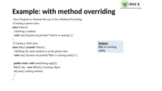 Example: with method overriding
//Java Program to illustrate the use of Java Method Overriding
//Creating a parent class.
class Vehicle{
//defining a method
void run(){System.out.println("Vehicle is running");}
}
//Creating a child class
class Bike2 extends Vehicle{
//defining the same method as in the parent class
void run(){System.out.println("Bike is running safely");}
public static void main(String args[]){
Bike2 obj = new Bike2();//creating object
obj.run();//calling method
}
}
Output:
Bike is running
safely
 