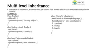 Multi-level Inheritance
• In this type of inheritance, a derived class gets created from another derived class and can have any number
of levels.
EXAMPLE:
Class Teacher{
void teach() {
System.out.println("Teaching subject");
}
}
class Student extends Teacher {
void listen() {
System.out.println("Listening");
}
}
class homeTution extends Student {
void explains() {
System.out.println("Does homework");
}
}
class CheckForInheritance {
public static void main(String argu[]) {
homeTution h = new himeTution();
h.explains();
h.teach();
h.listen();
}
}
 