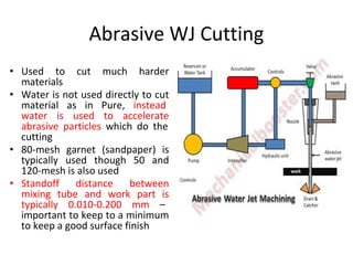 Abrasive WJ Cutting
• Used to cut much harder
materials
• Water is not used directly to cut
material as in Pure, instead
water is used to accelerate
abrasive particles which do the
cutting
• 80-mesh garnet (sandpaper) is
typically used though 50 and
120-mesh is also used
• Standoff distance between
mixing tube and work part is
typically 0.010-0.200 mm –
important to keep to a minimum
to keep a good surface finish
 