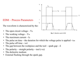 EDM – Process Parameters
The waveform is characterized by the:
• The working voltage – Vw
• The maximum current – Io
• The pulse on time – the duration for which the voltage pulse is applied - ton
• The pulse off time – toff
• The gap between the workpiece and the tool – spark gap – δ
• The polarity – straight polarity – tool (-ve)
• The dielectric medium
• External flushing through the spark gap.
• The open circuit voltage – Vo
 