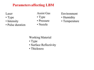 Working Material
• Type
• Surface Reflectivity
• Thickness
Parametersaffecting LBM
Assist Gas
• Type
• Pressure
• Nozzle
Environment
• Humidity
• Temperature
Laser
• Type
• Intensity
• Pulse duration
 