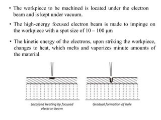 • The workpiece to be machined is located under the electron
beam and is kept under vacuum.
• The high-energy focused electron beam is made to impinge on
the workpiece with a spot size of 10 – 100 μm
• The kinetic energy of the electrons, upon striking the workpiece,
changes to heat, which melts and vaporizes minute amounts of
the material.
 