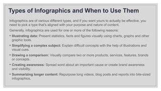 Types of Infographics and When to Use Them
Infographics are of various different types, and if you want yours to actually be effective, you
need to pick a type that’s aligned with your purpose and nature of content.
Generally, infographics are used for one or more of the following reasons:
• Illustrating data: Present statistics, facts and figures visually using charts, graphs and other
graphic tools.
• Simplifying a complex subject: Explain difficult concepts with the help of illustrations and
visual cues.
• Drawing a comparison: Visually compare two or more products, services, features, brands
or concepts.
• Creating awareness: Spread word about an important cause or create brand awareness
and visibility.
• Summarizing longer content: Repurpose long videos, blog posts and reports into bite-sized
infographics.
 
