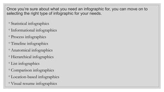 Once you’re sure about what you need an infographic for, you can move on to
selecting the right type of infographic for your needs.
◦ Statistical infographics
◦ Informational infographics
◦ Process infographics
◦ Timeline infographics
◦ Anatomical infographics
◦ Hierarchical infographics
◦ List infographics
◦ Comparison infographics
◦ Location-based infographics
◦ Visual resume infographics
 