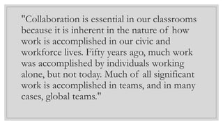 "Collaboration is essential in our classrooms
because it is inherent in the nature of how
work is accomplished in our civic and
workforce lives. Fifty years ago, much work
was accomplished by individuals working
alone, but not today. Much of all significant
work is accomplished in teams, and in many
cases, global teams."
 