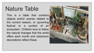 Nature Table
This is a table that contains
objects and/or scenes related to
the current season, or upcoming
festival or a symbol of an
ecosystem. Children love to follow
the natural changes that the world
offers each month and classroom
decorations reflect these.
 