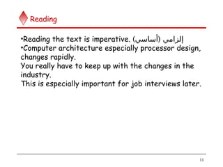 11
Reading
•Reading the text is imperative. ) (
‫أساسي‬ ‫إلزامي‬
•Computer architecture especially processor design,
changes rapidly.
You really have to keep up with the changes in the
industry.
This is especially important for job interviews later.
 