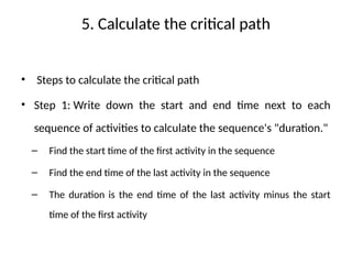 5. Calculate the critical path
• Steps to calculate the critical path
• Step 1: Write down the start and end time next to each
sequence of activities to calculate the sequence's "duration."
– Find the start time of the first activity in the sequence
– Find the end time of the last activity in the sequence
– The duration is the end time of the last activity minus the start
time of the first activity
 