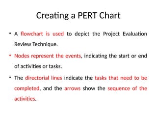 Creating a PERT Chart
• A flowchart is used to depict the Project Evaluation
Review Technique.
• Nodes represent the events, indicating the start or end
of activities or tasks.
• The directorial lines indicate the tasks that need to be
completed, and the arrows show the sequence of the
activities.
 