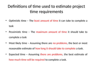 Definitions of time used to estimate project
time requirements
• Optimistic time – The least amount of time it can take to complete a
task
• Pessimistic time – The maximum amount of time it should take to
complete a task
• Most likely time – Assuming there are no problems, the best or most
reasonable estimate of how long it should take to complete a task.
• Expected time – Assuming there are problems, the best estimate of
how much time will be required to complete a task.
 