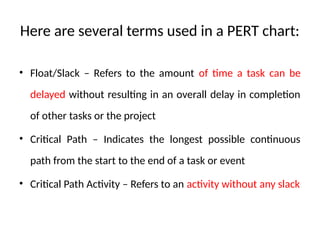 Here are several terms used in a PERT chart:
• Float/Slack – Refers to the amount of time a task can be
delayed without resulting in an overall delay in completion
of other tasks or the project
• Critical Path – Indicates the longest possible continuous
path from the start to the end of a task or event
• Critical Path Activity – Refers to an activity without any slack
 