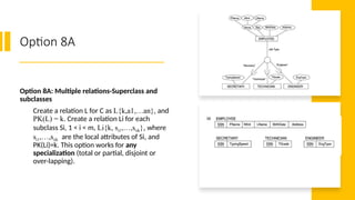 Option 8A
Option 8A: Multiple relations-Superclass and
subclasses
Create a relation L for C as L{k,a1,…an}, and
PK(L) = k. Create a relation Li for each
subclass Si, 1 < i < m, Li{k, si1,…,siik}, where
si1,…,siik are the local attributes of Si, and
PK(Li)=k. This option works for any
specialization (total or partial, disjoint or
over-lapping).
 