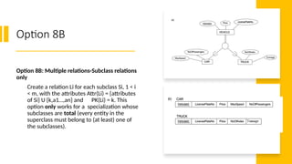 Option 8B
Option 8B: Multiple relations-Subclass relations
only
Create a relation Li for each subclass Si, 1 < i
< m, with the attributes Attr(Li) = {attributes
of Si} U {k,a1…,an} and PK(Li) = k. This
option only works for a specialization whose
subclasses are total (every entity in the
superclass must belong to (at least) one of
the subclasses).
 