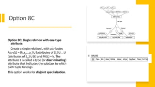 Option 8C
Option 8C: Single relation with one type
attribute.
Create a single relation L with attributes
Attrs(L) = {k,a1,…an} U {attributes of S1} U…U
{attributes of Sm} U {t} and PK(L) = k. The
attribute t is called a type (or discriminating)
attribute that indicates the subclass to which
each tuple belongs.
This option works for disjoint specilaization.
 