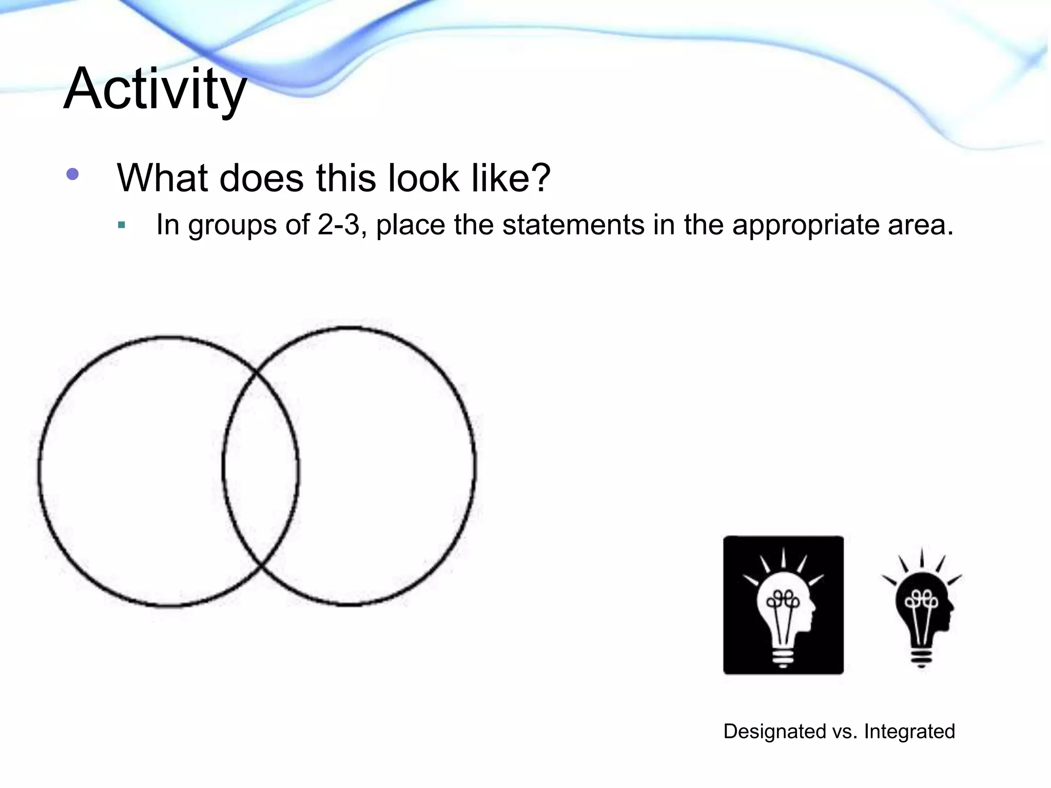 Activity 
• What does this look like? 
▪ In groups of 2-3, place the statements in the appropriate area. 
Designated 
Integrated 
BOTH 
Designated vs. Integrated 
 