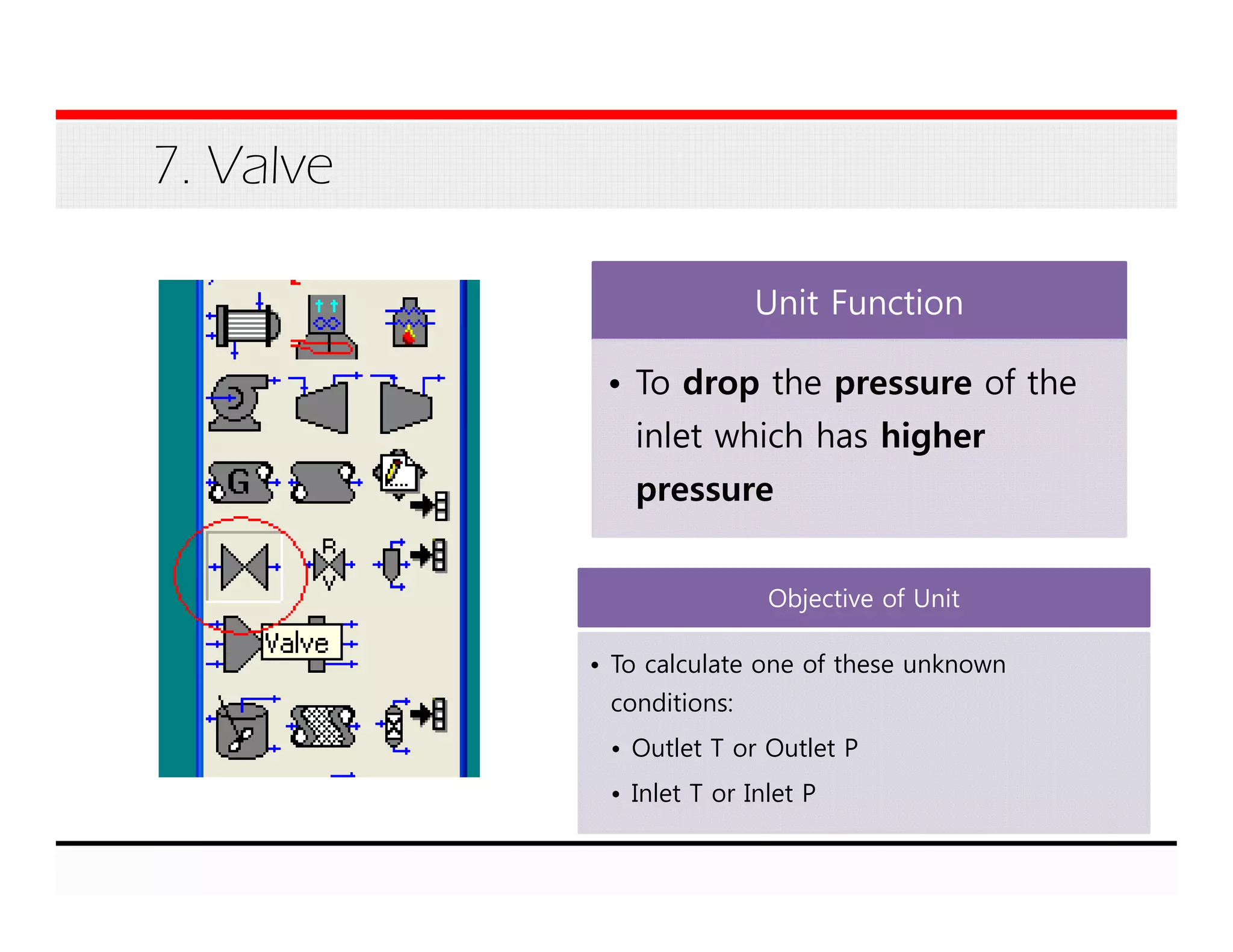 7. Valve
Unit Function
• To drop the pressure of the
inlet which has higher
pressure
Objective of Unit
• To calculate one of these unknown
conditions:
• Outlet T or Outlet P
• Inlet T or Inlet P
 