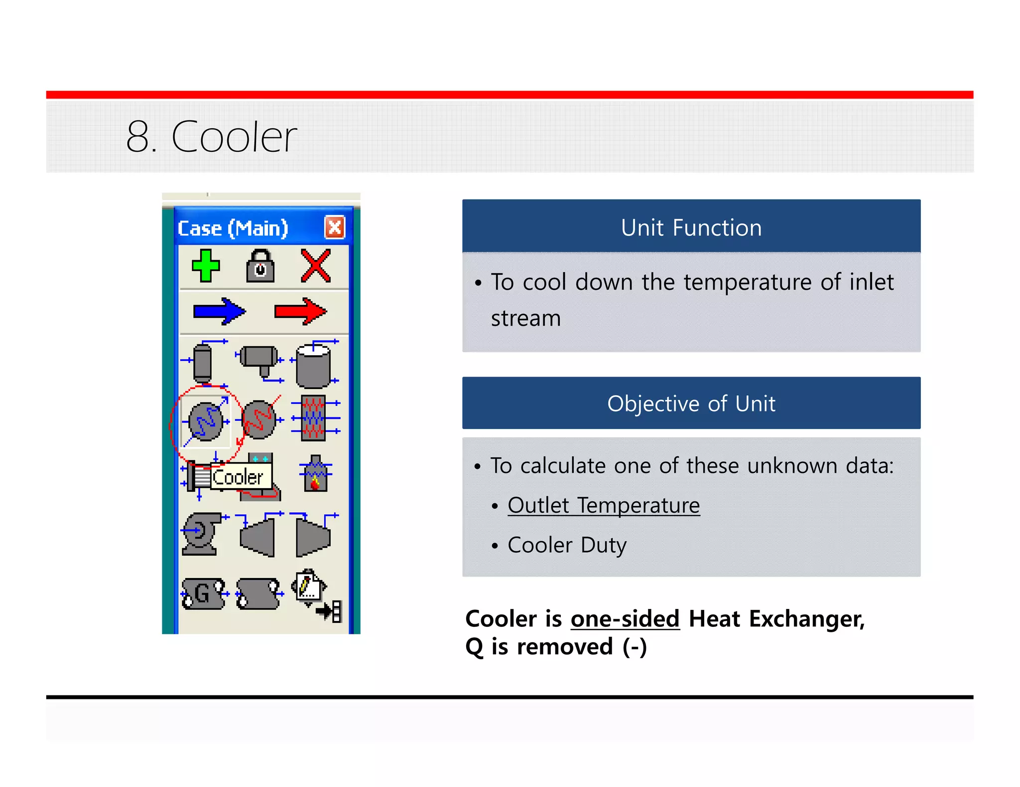 8. Cooler
Unit Function
• To cool down the temperature of inlet
stream
Objective of Unit
• To calculate one of these unknown data:
• Outlet Temperature
• Cooler Duty
Cooler is one-sided Heat Exchanger,
Q is removed (-)
 
