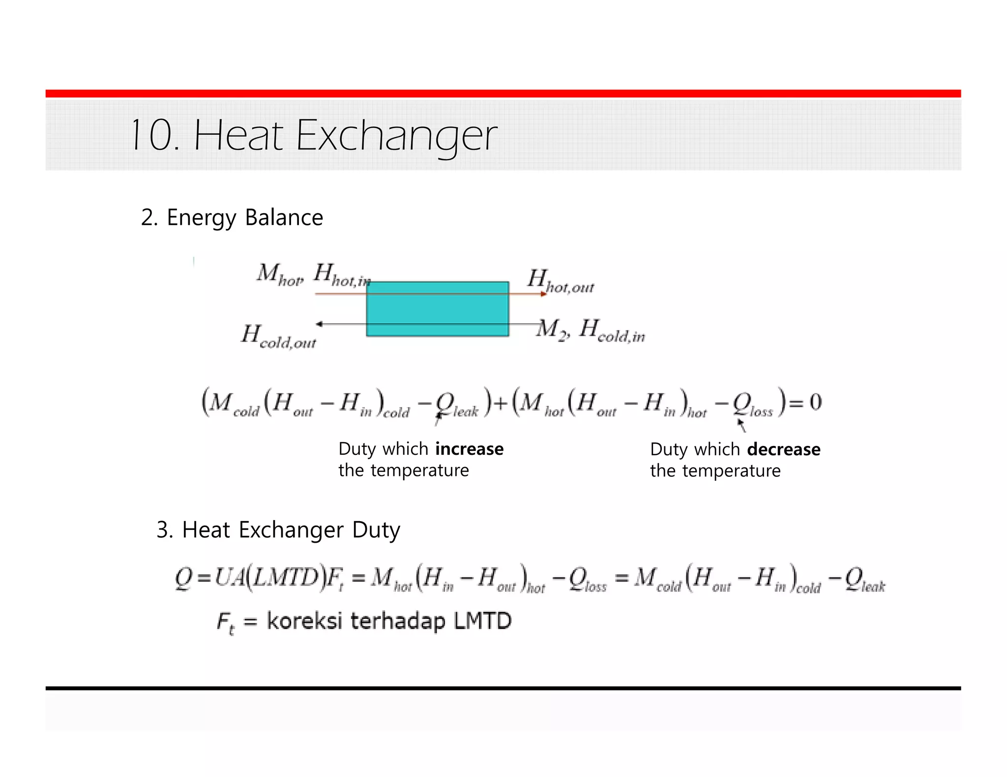 10. Heat Exchanger
2. Energy Balance
Duty which increase
the temperature
Duty which decrease
the temperature
3. Heat Exchanger Duty
 
