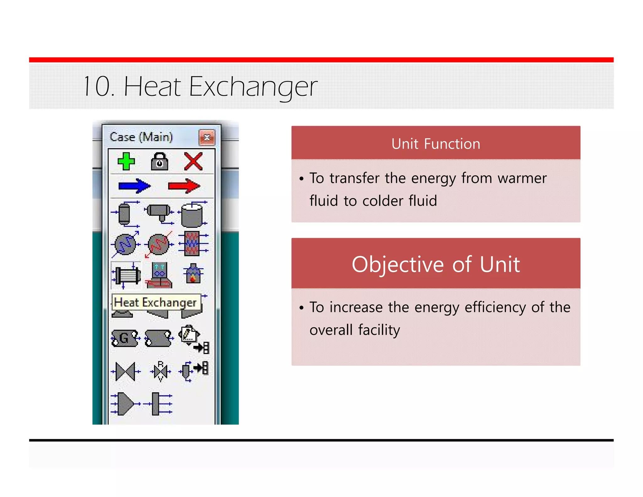 10. Heat Exchanger
Unit Function
• To transfer the energy from warmer
fluid to colder fluid
Objective of Unit
• To increase the energy efficiency of the
overall facility
 