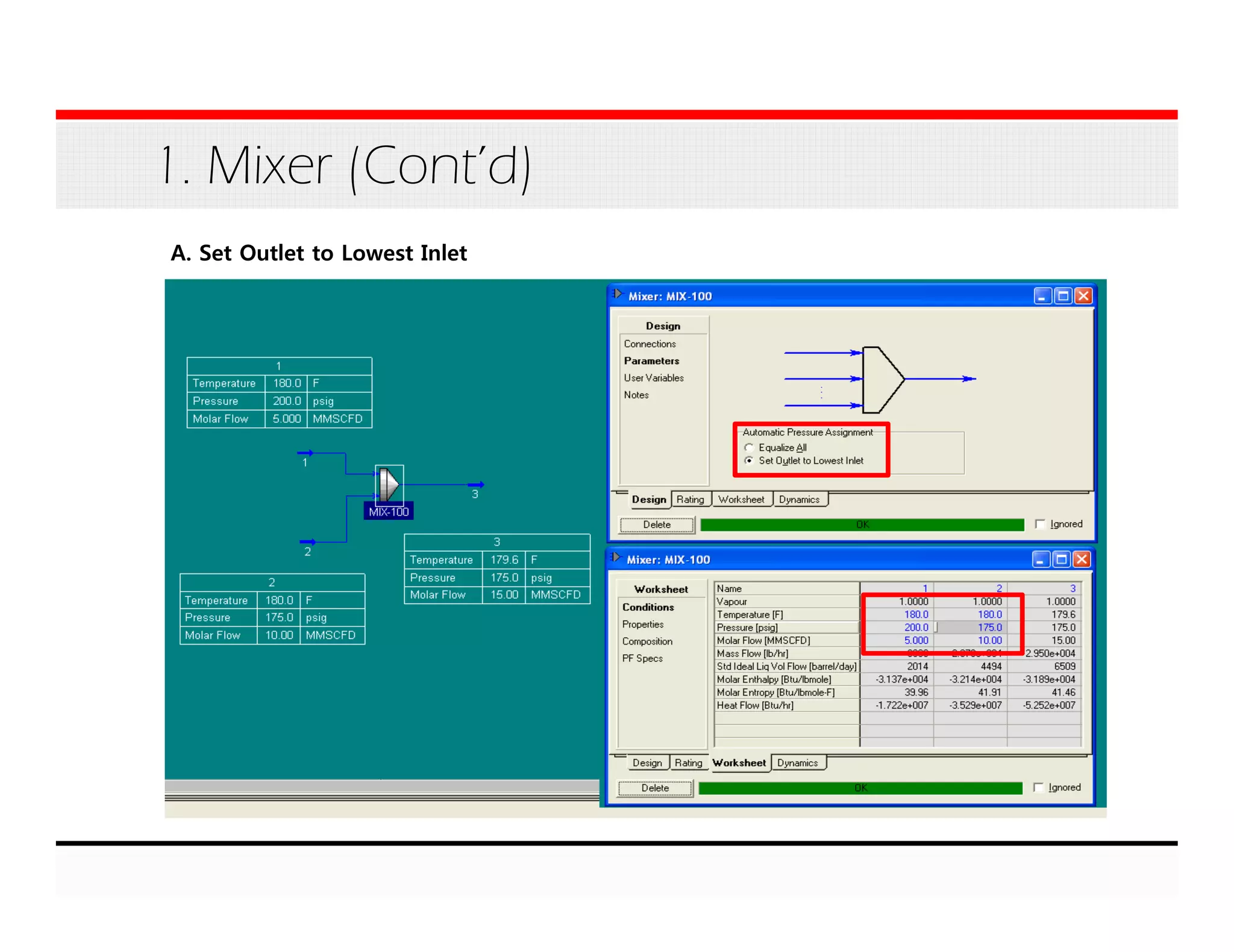 1. Mixer (Cont’d)
A. Set Outlet to Lowest Inlet
 