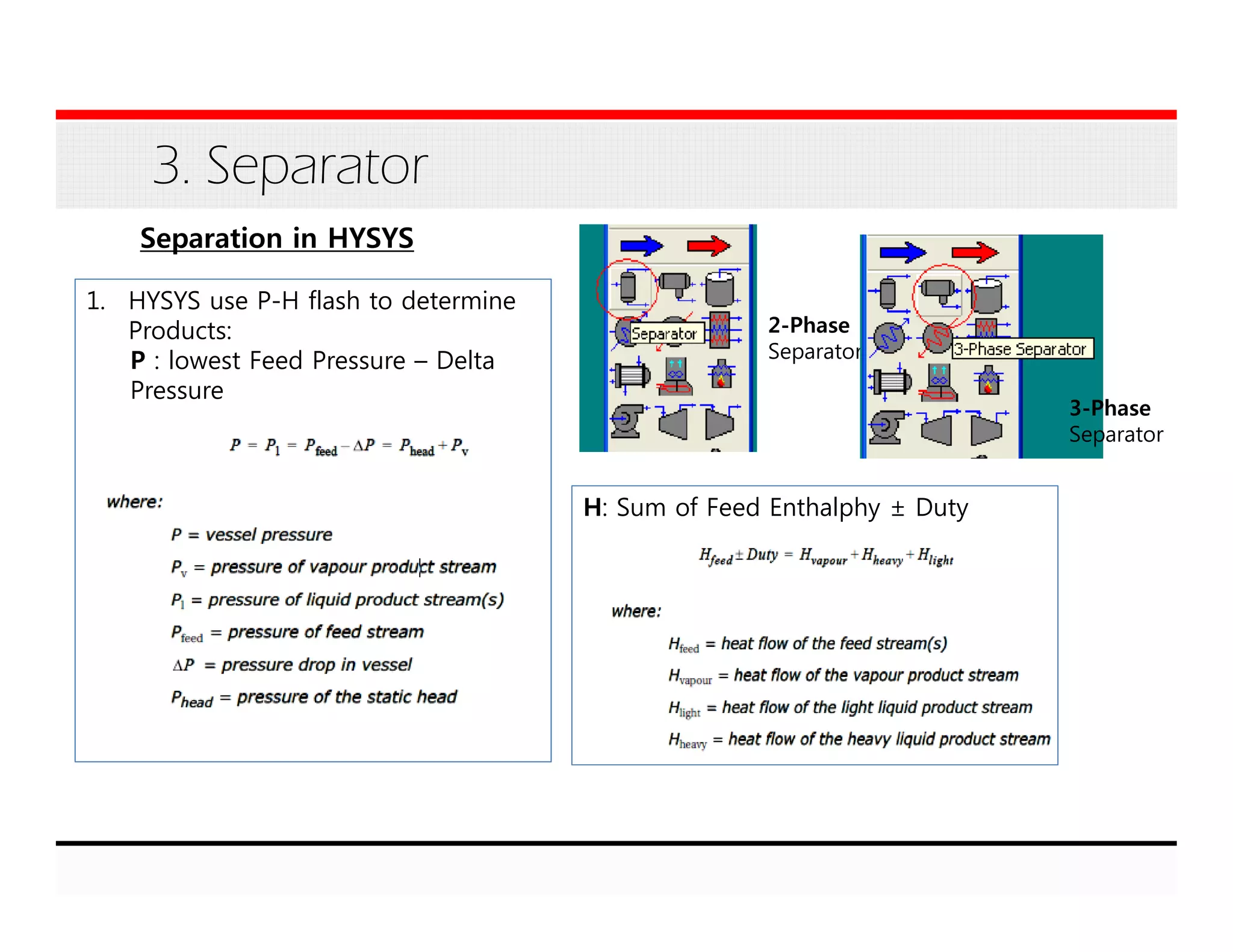 3. Separator
Separation in HYSYS
1. HYSYS use P-H flash to determine
Products:
P : lowest Feed Pressure – Delta
Pressure
2-Phase
Separator
3-Phase
Separator
H: Sum of Feed Enthalphy ± Duty
 