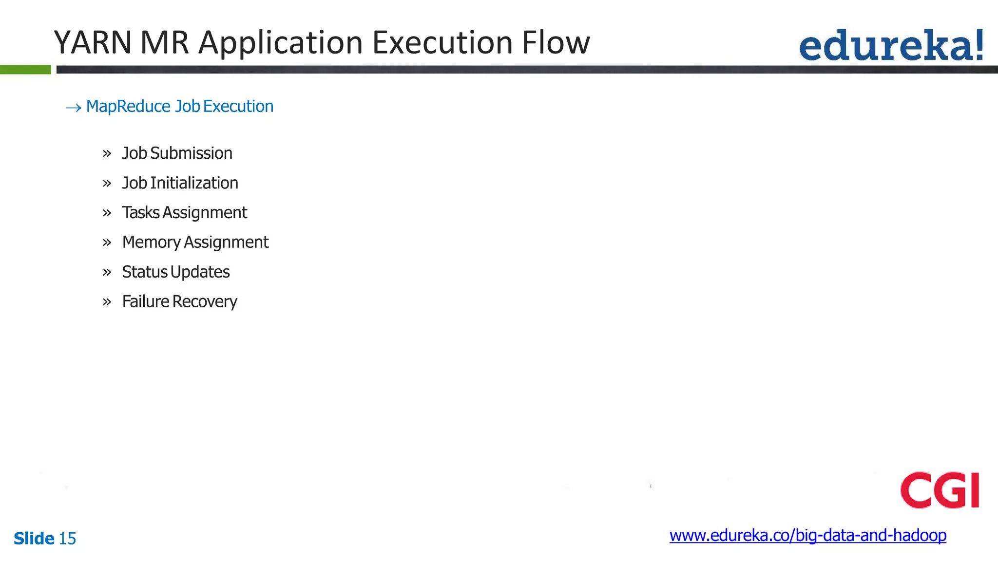 YARN MR Application Execution Flow
www.edureka.co/big-data-and-hadoopSlide 15
 MapReduce Job Execution
» Job Submission
» Job Initialization
» Tasks Assignment
» Memory Assignment
» StatusUpdates
» Failure Recovery
 