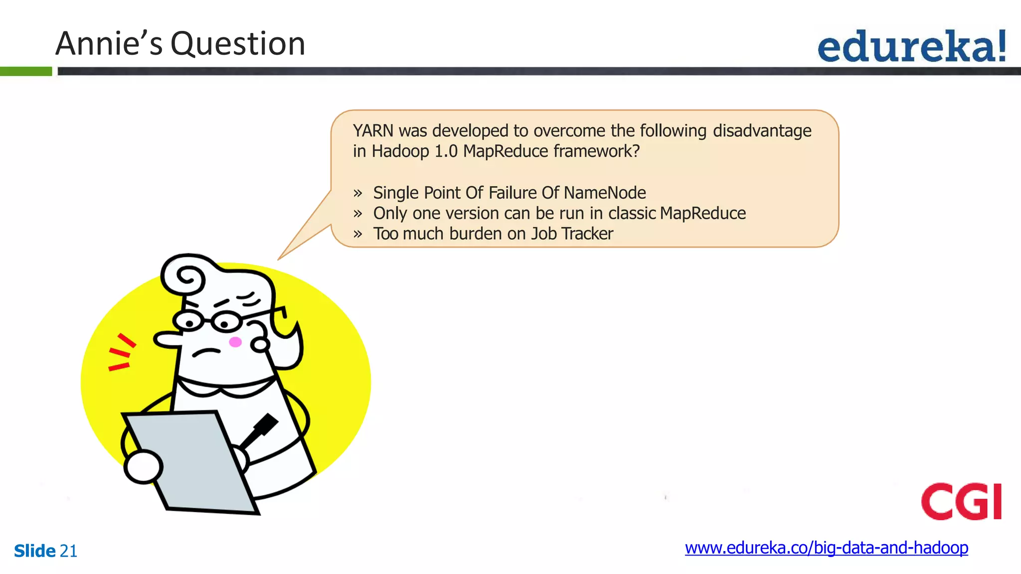 Annie’s Question
YARN was developed to overcome the following disadvantage
in Hadoop 1.0 MapReduce framework?
» Single Point Of Failure Of NameNode
» Only one version can be run in classic MapReduce
» Too much burden on Job Tracker
www.edureka.co/big-data-and-hadoopSlide 21
 