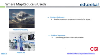 Where MapReduce is Used?
Weather Forecasting
 Problem Statement:
» De-identify personal health information.
HealthCare www.edureka.co/big-data-and-hadoopSlide 8
 Problem Statement:
» Finding Maximum temperature recorded in a year.
 