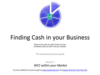 Finding Cash in your BusinessWays to find cash you didn’t know you had, and attract cash you didn’t now you needed.The essential business guideModule 3 WCC within your Market 