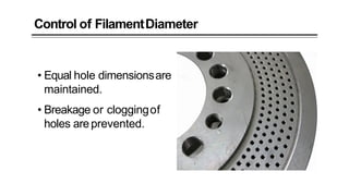 Control of FilamentDiameter
• Equal hole dimensionsare
maintained.
• Breakage or cloggingof
holes areprevented.
 