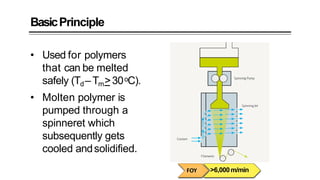 28,50000-1-4,8,50000
m/min
>6,000m/min
BasicPrinciple
• Used for polymers
that can be melted
safely (Td–Tm>30oC).
• Molten polymer is
pumped through a
spinneret which
subsequently gets
cooled andsolidified.
FOY
 
