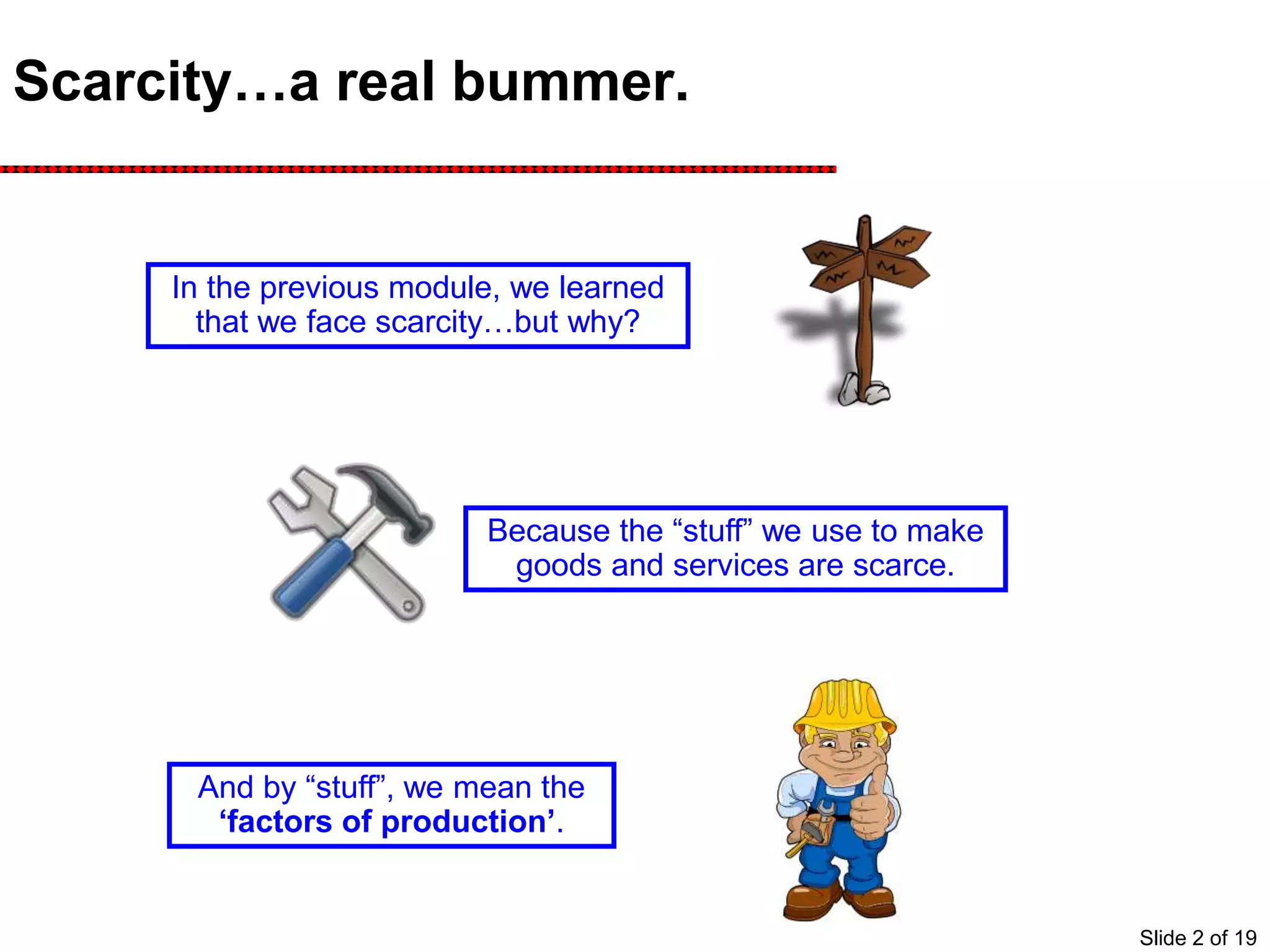 Scarcity…a real bummer.
In the previous module, we learned
that we face scarcity…but why?
Because the “stuff” we use to make
goods and services are scarce.
And by “stuff”, we mean the
‘factors of production’.
Slide 2 of 19
 