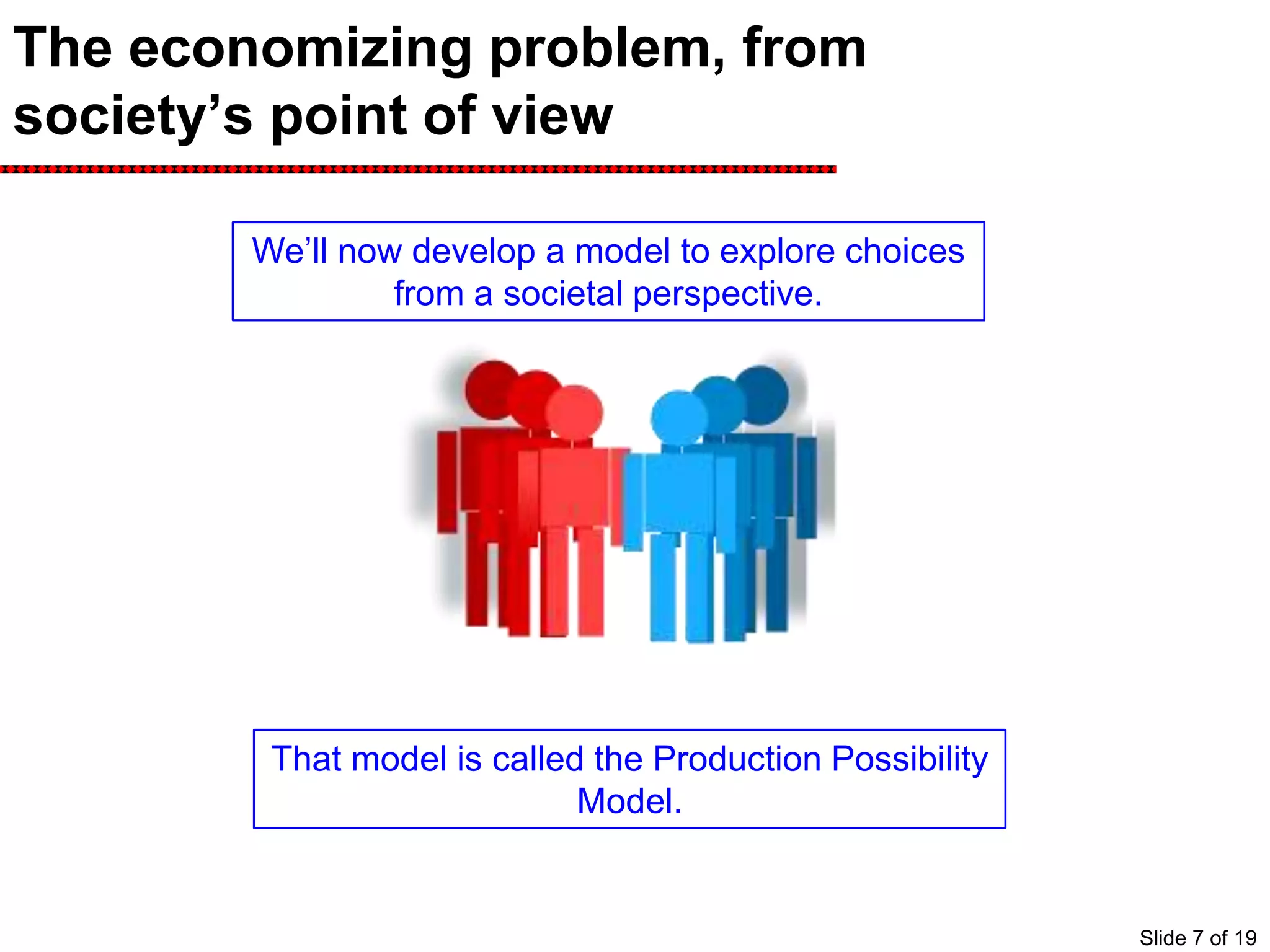 The economizing problem, from
society’s point of view
We’ll now develop a model to explore choices
from a societal perspective.
That model is called the Production Possibility
Model.
Slide 7 of 19
 