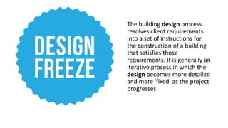 The building design process
resolves client requirements
into a set of instructions for
the construction of a building
that satisfies those
requirements. It is generally an
iterative process in which the
design becomes more detailed
and more 'fixed' as the project
progresses.
 