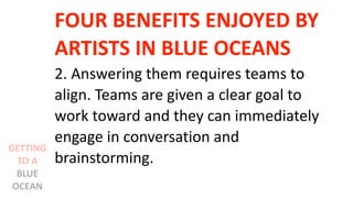 FOUR BENEFITS ENJOYED BY
ARTISTS IN BLUE OCEANS
2. Answering them requires teams to
align. Teams are given a clear goal to
work toward and they can immediately
engage in conversation and
brainstorming.
GETTING
TO A
BLUE
OCEAN
 