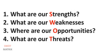 1. What are our Strengths?
2. What are our Weaknesses
3. Where are our Opportunities?
4. What are our Threats?
SWOT
MATRIX
 